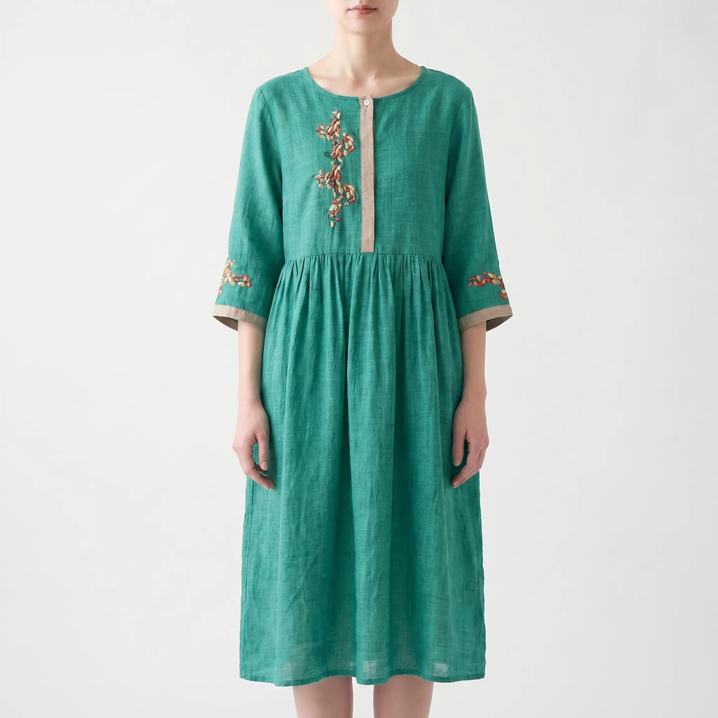 Women's Embroidered Boho Midi Dress - Casual Summer Sundress