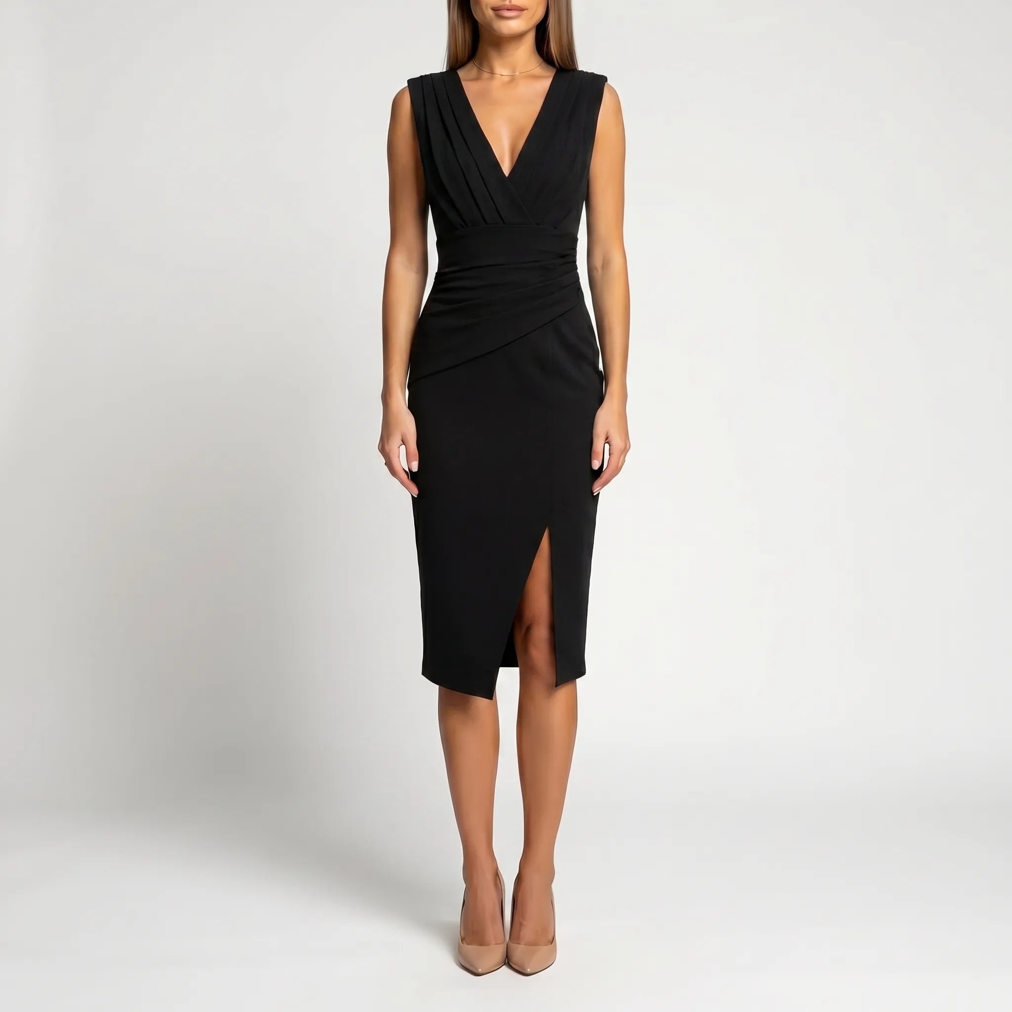 Women's V Neck Midi Dress - Formal Cocktail Party with Slit