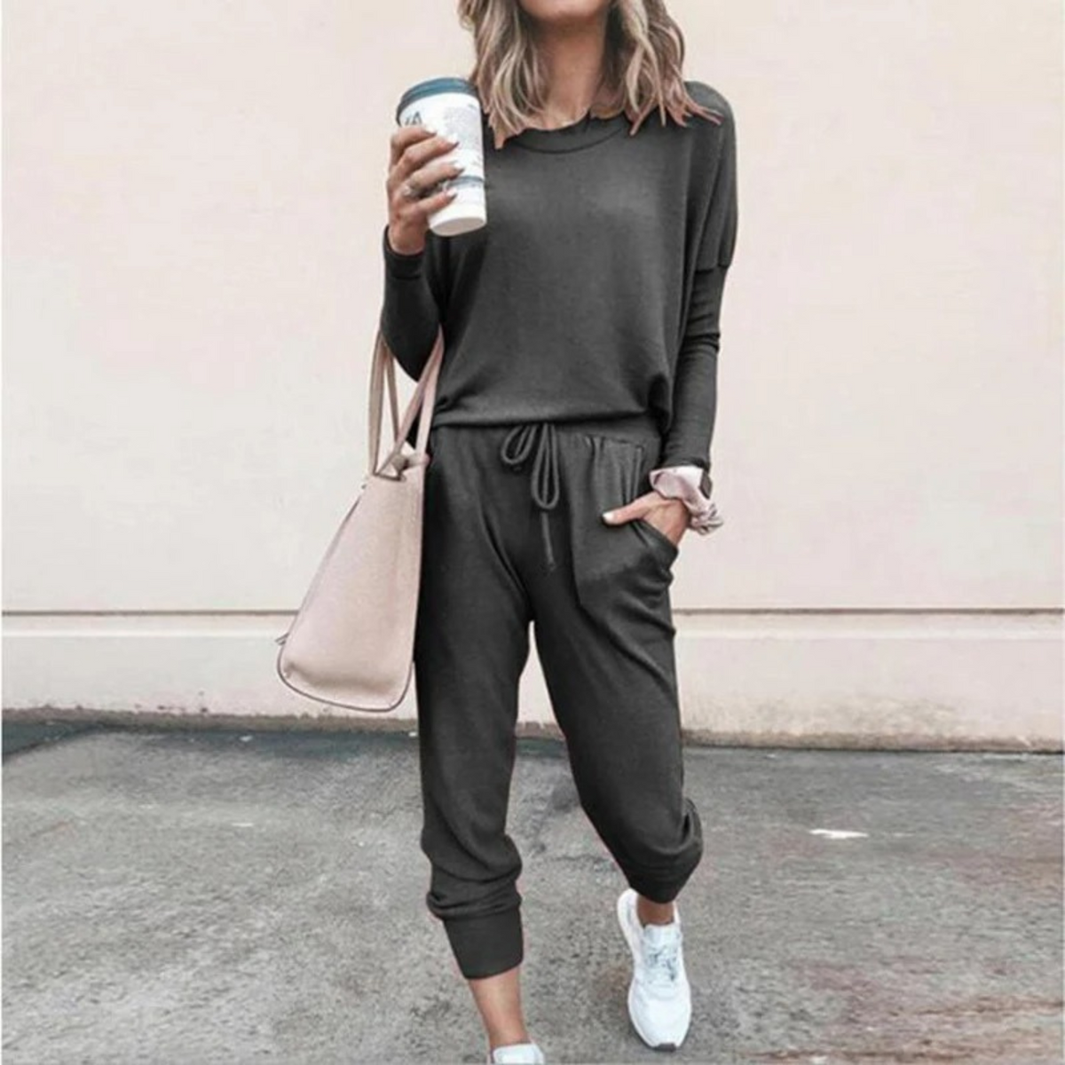 Women's Relaxed Long-Sleeve Top and Jogger Set - Dark Gray