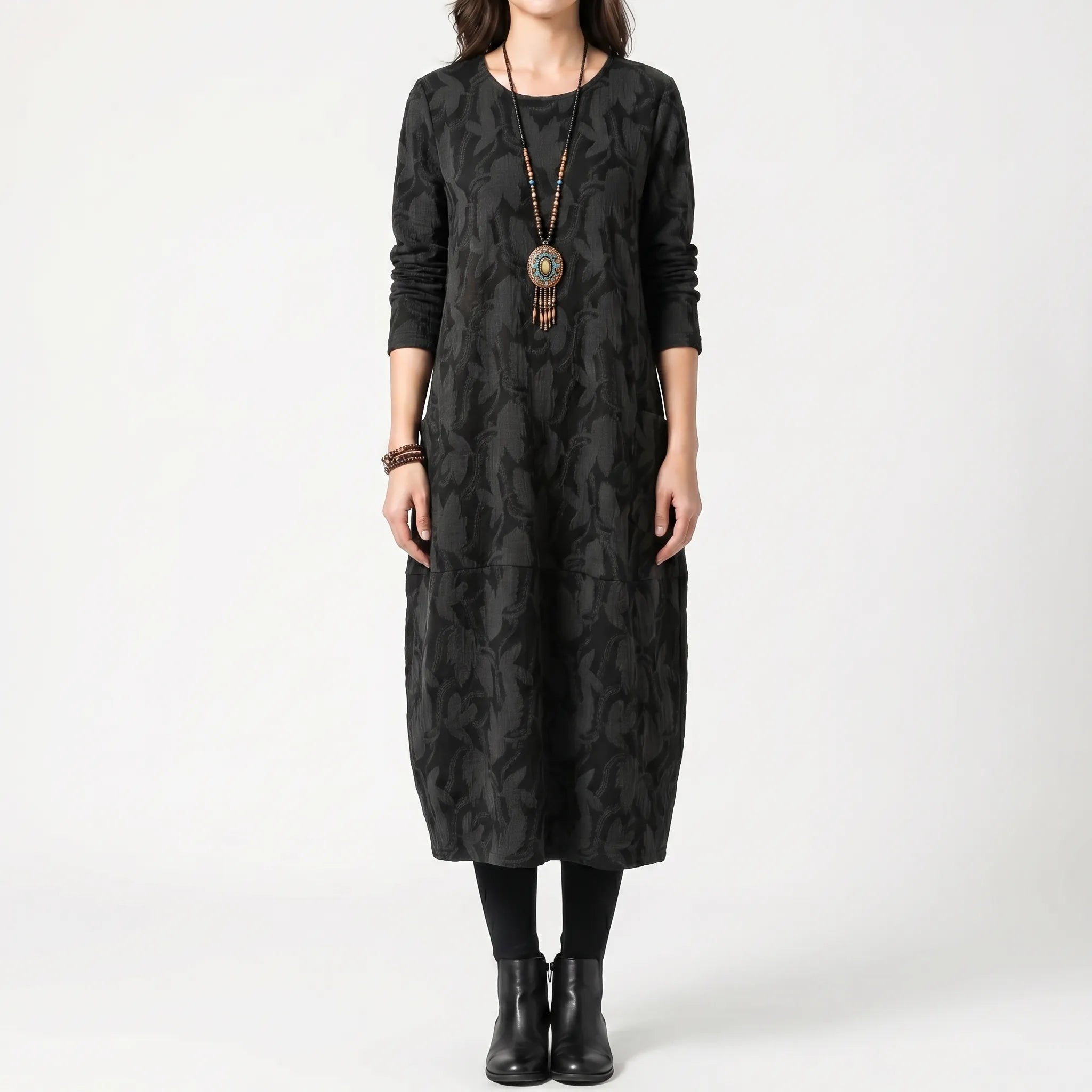 Women's Printed Midi Dress - Relaxed Fit with Long Sleeve