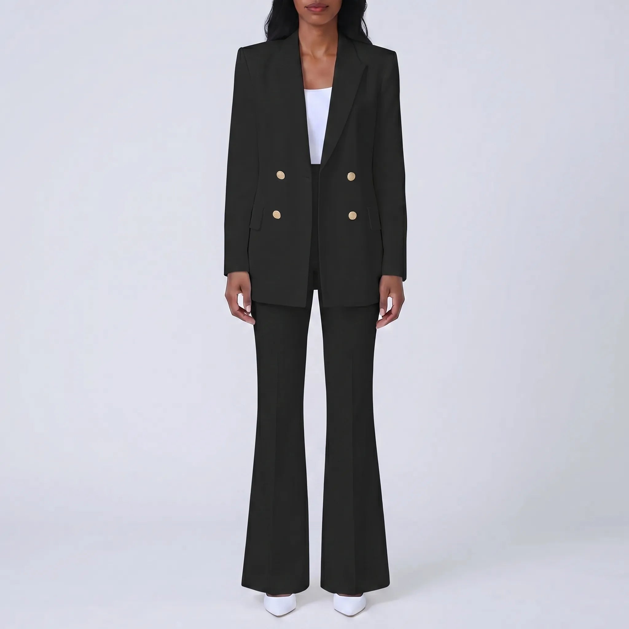 Women's Double Breasted Blazer and Flare Pants 2 Piece Suit Set