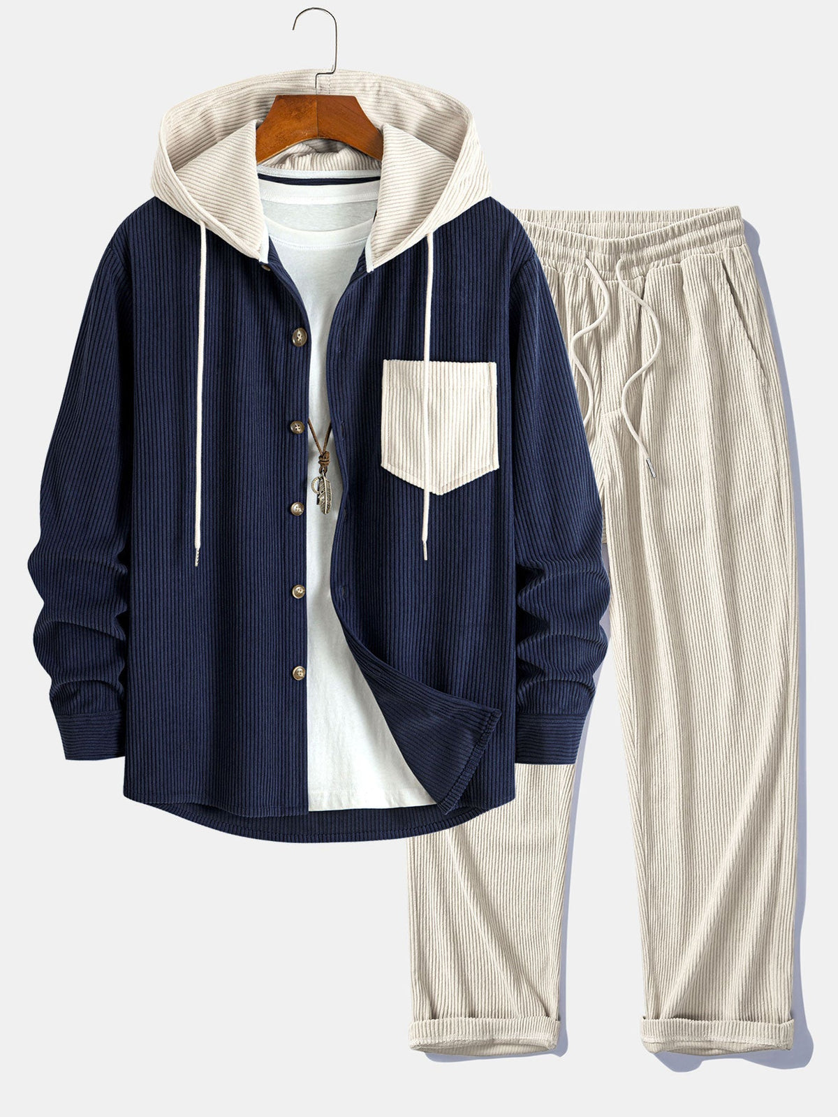 Men's Corduroy Hooded Overshirt and Straight-Leg Pants Set - Navy Blue/Beige