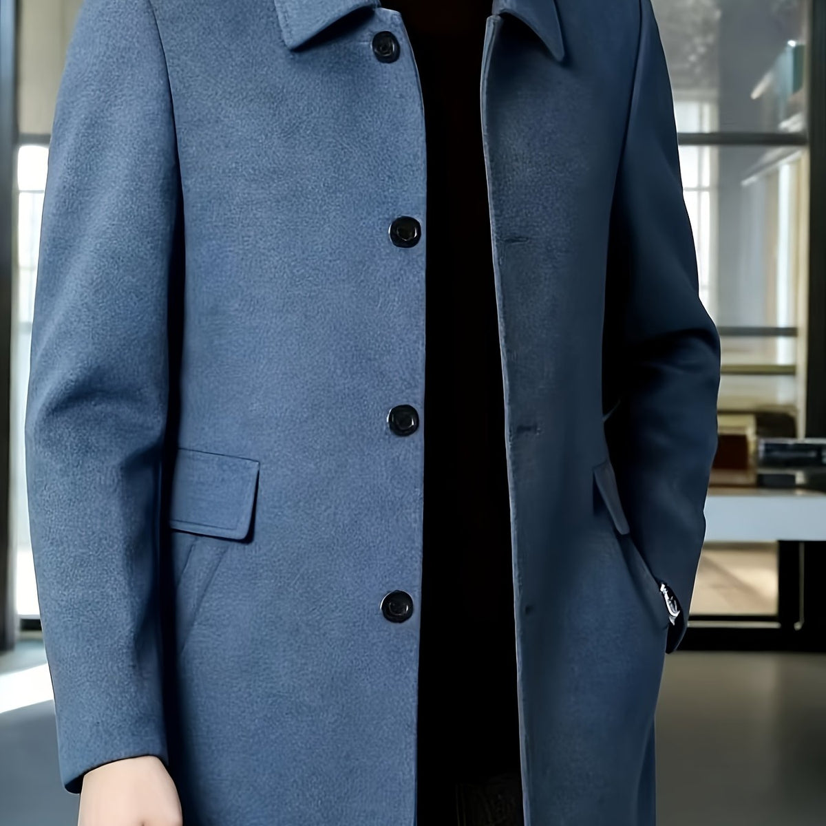 Men's Refined Single-Breasted Overcoat with Side Pockets