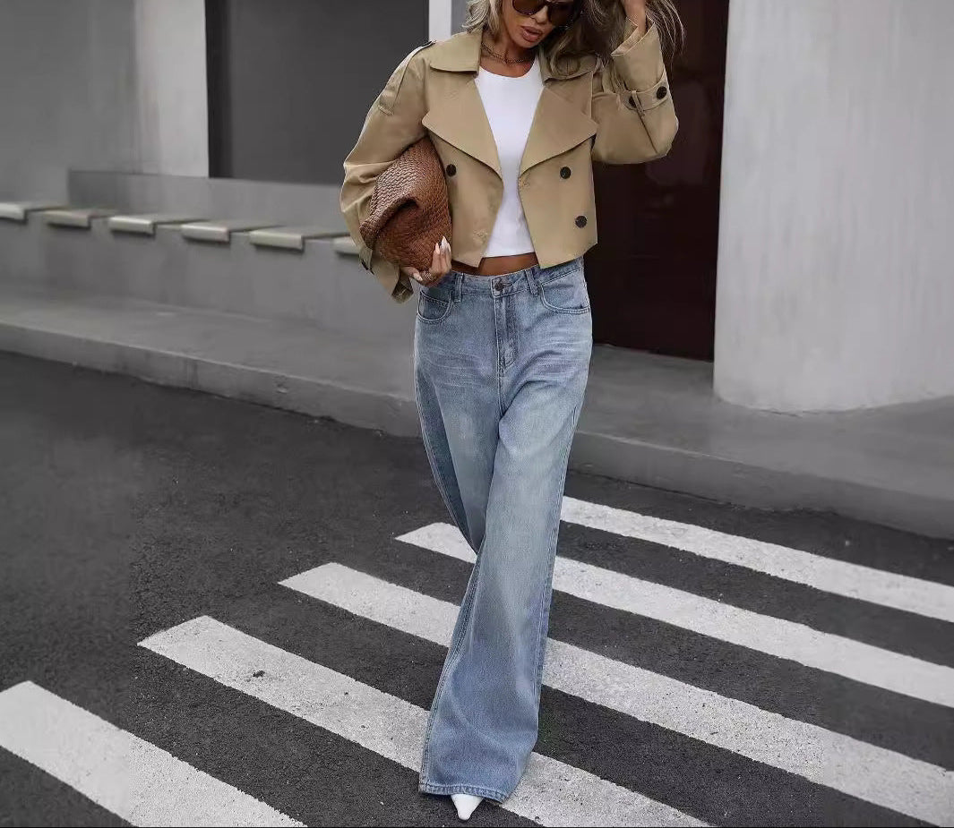 Women's Cropped Trench Jacket Modern Double-Breasted Layer for City Wear