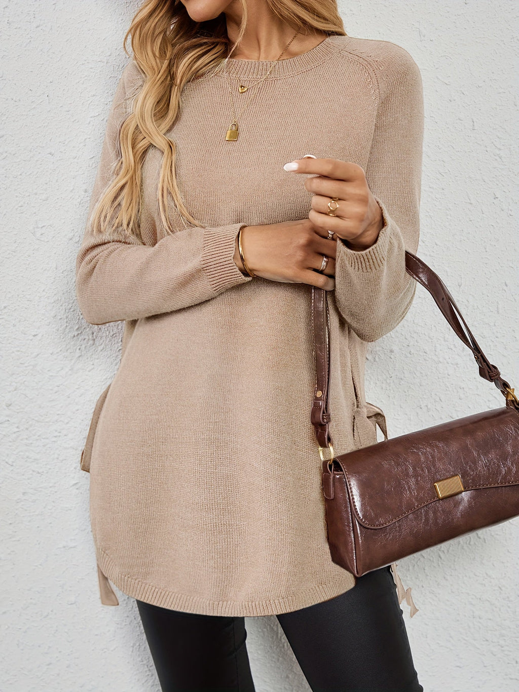 Women's Relaxed Longline Round Neck Sweater with Side Slits