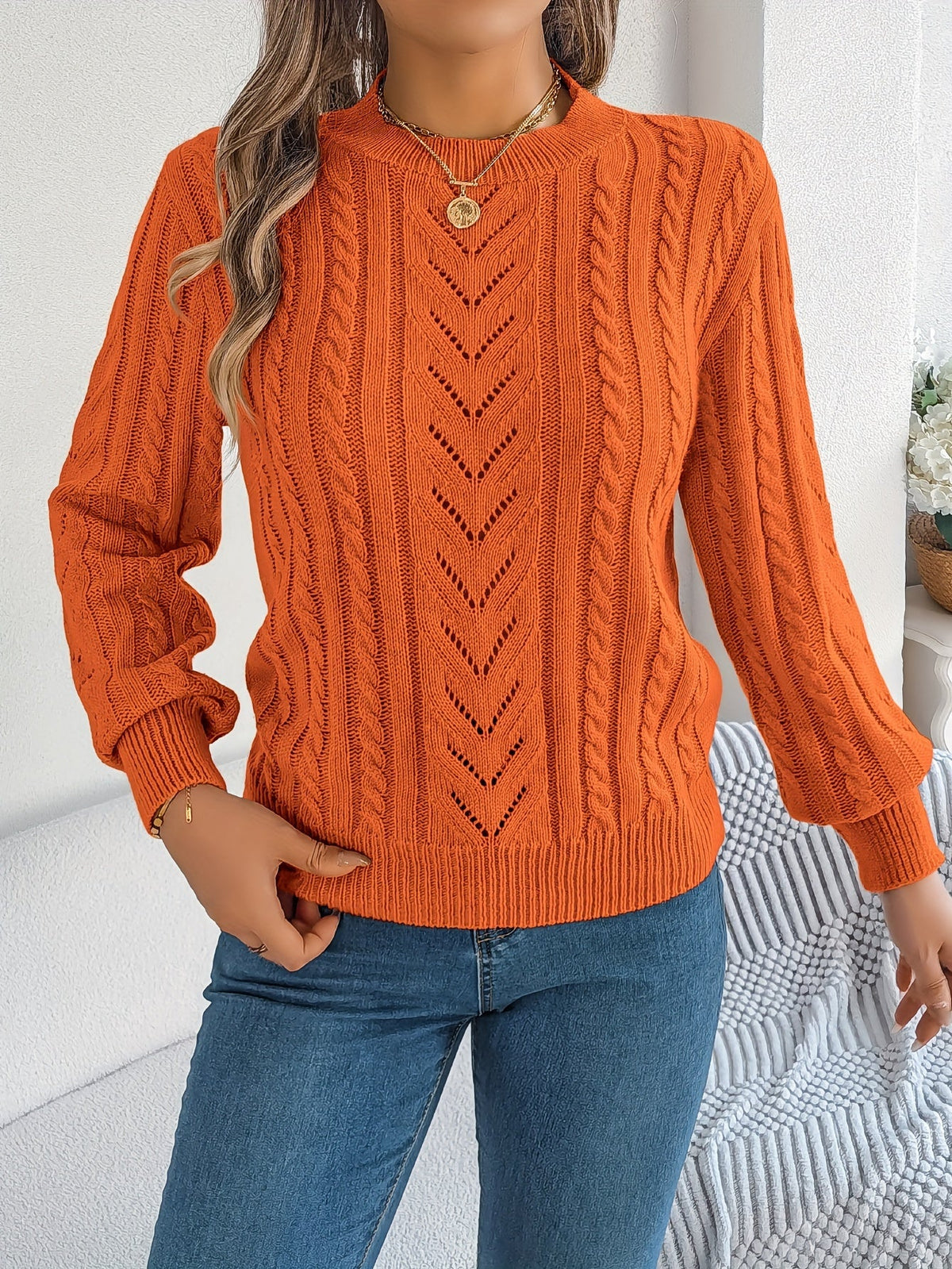 Women's Cable-Knit Openwork Round-Neck Sweater