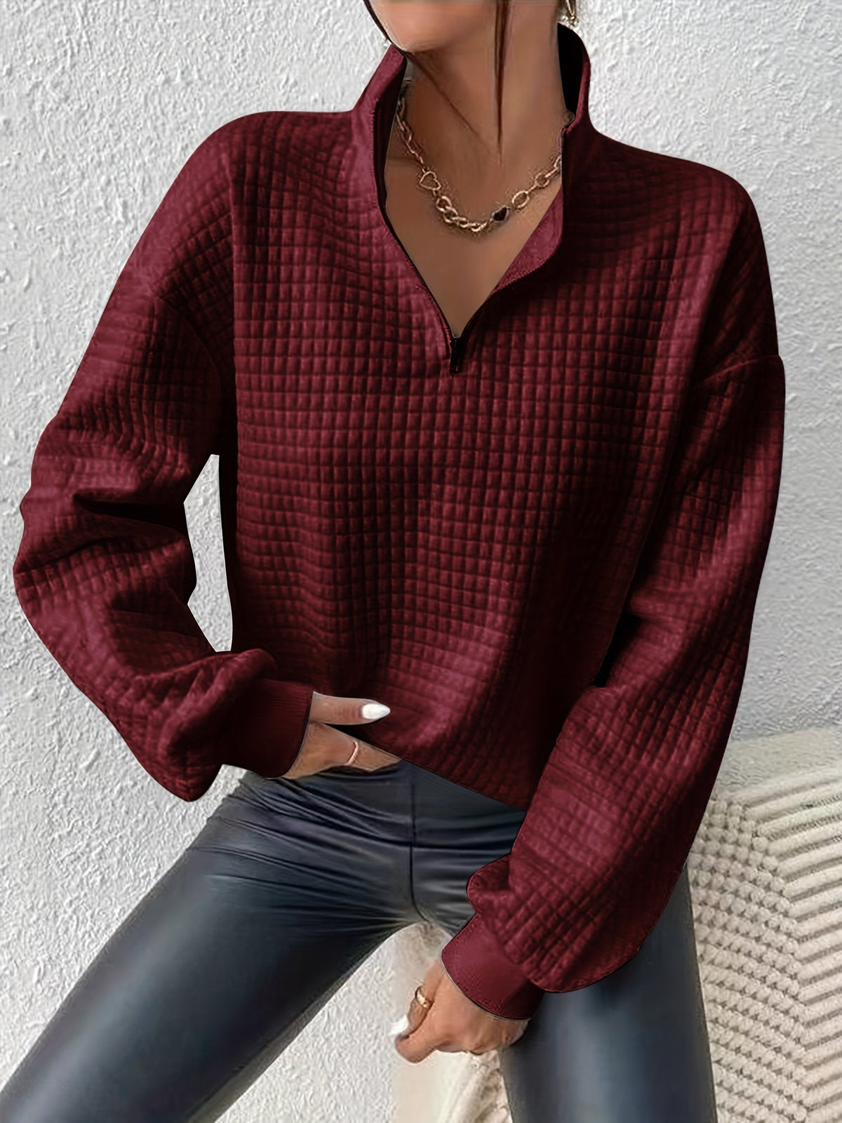 Women's Half-Zip Stand Collar Textured Knit Pullover