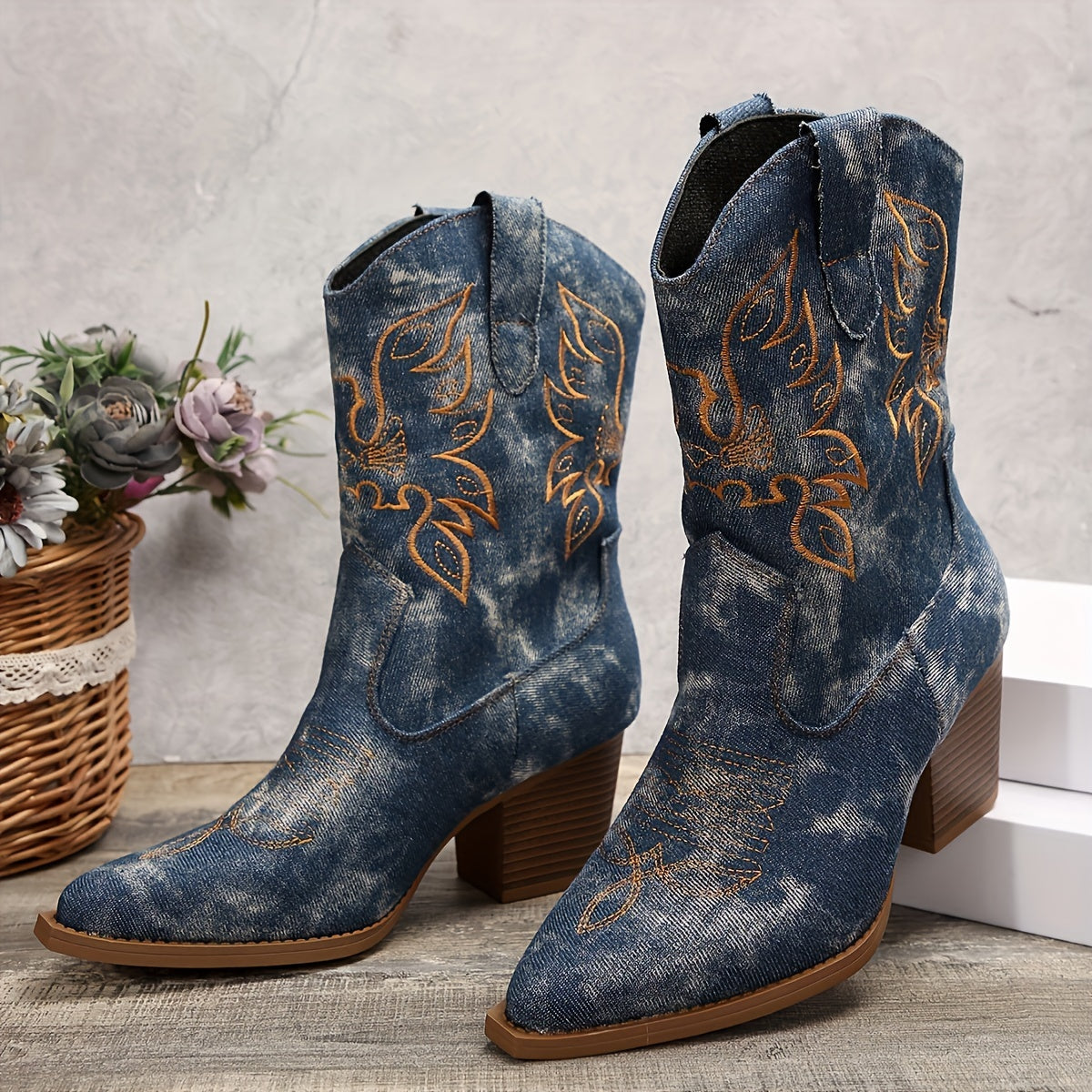 Women's Blue Wide Calf Western Cowboy Boots