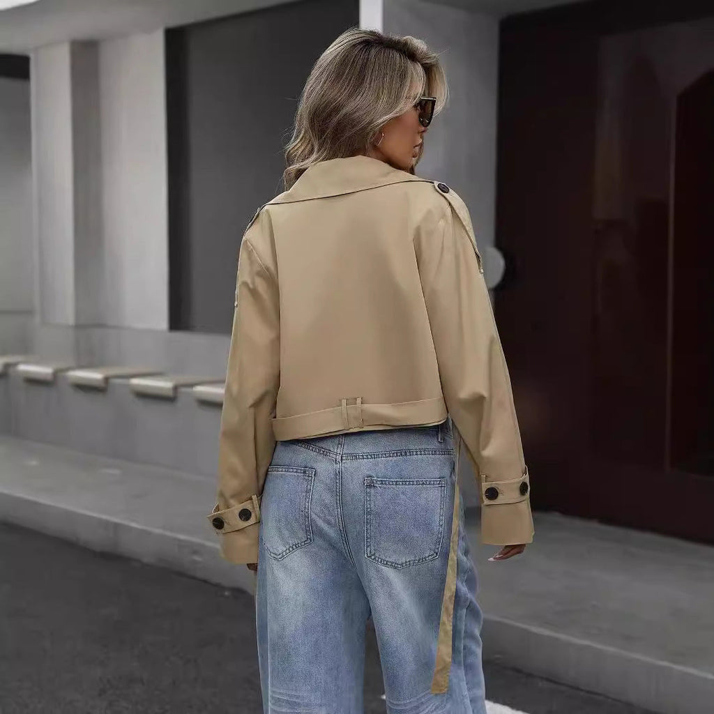 Women's Cropped Trench Jacket Modern Double-Breasted Layer for City Wear