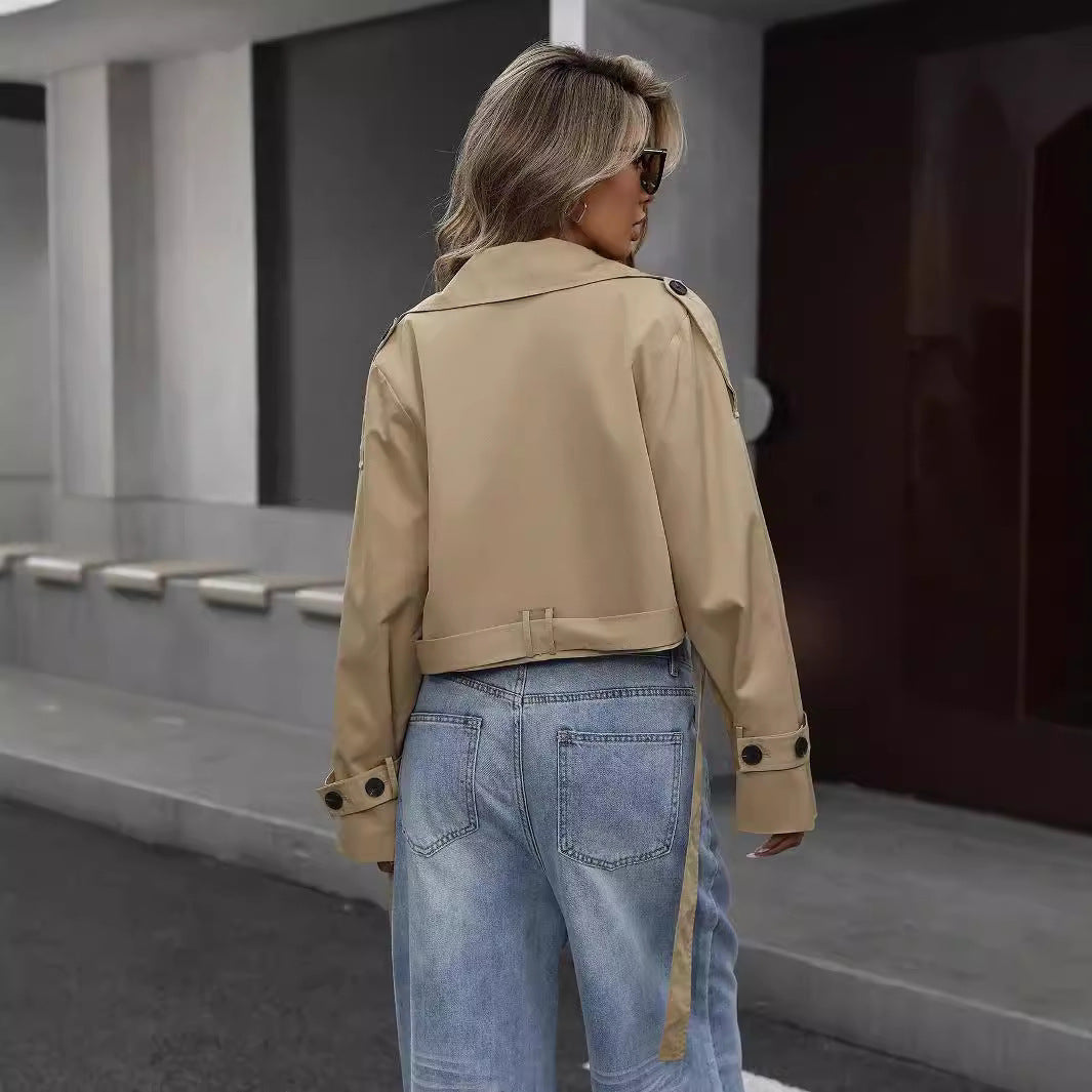 Women's Cropped Trench Jacket Modern Double-Breasted Layer for City Wear