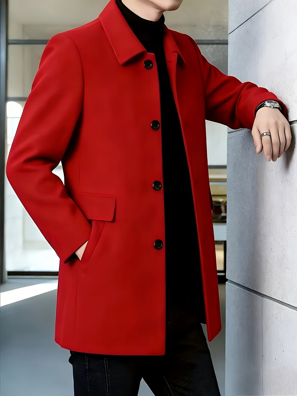 Men's Refined Single-Breasted Overcoat with Side Pockets