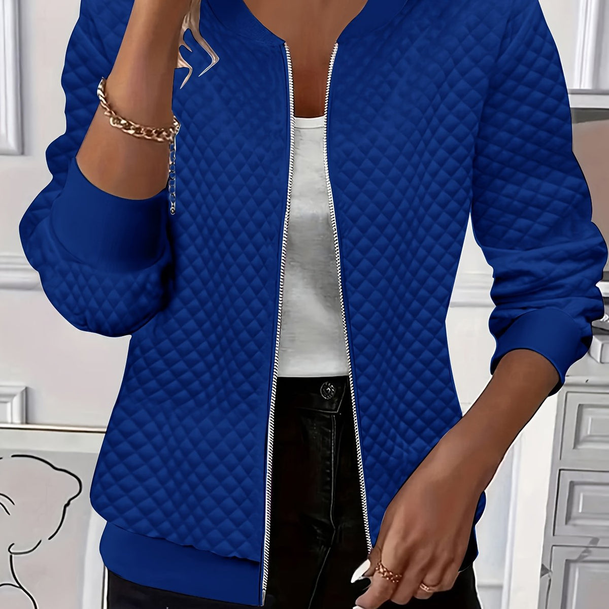 Women's Quilted-Texture Baseball Collar Jacket