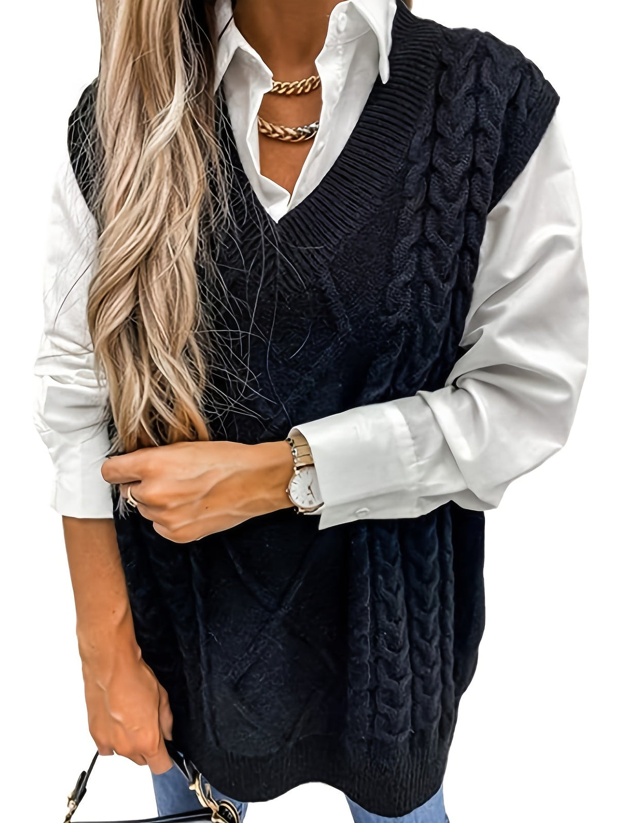 Women's Cable-Knit V-Neck Sweater Vest