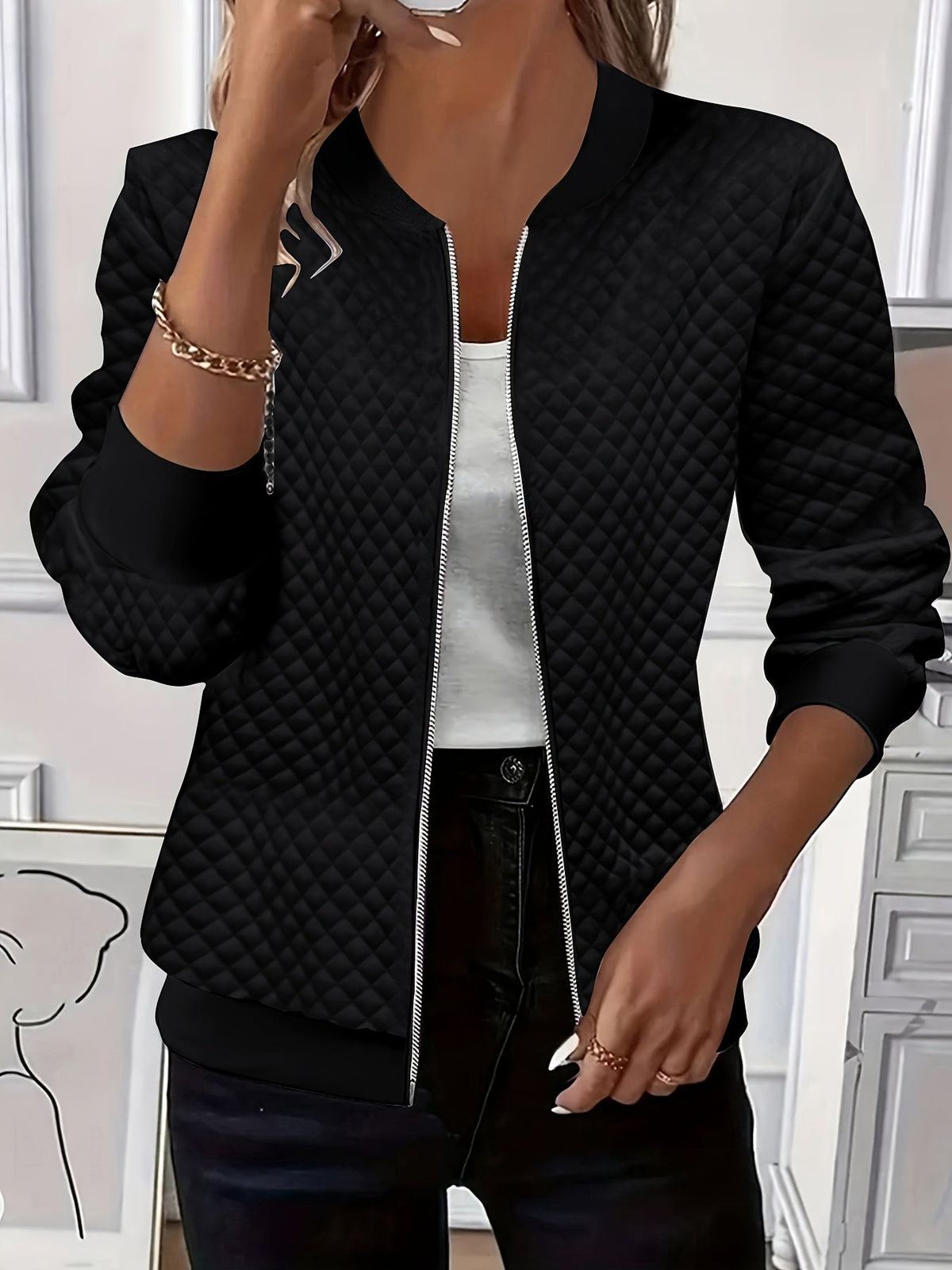 Women's Quilted-Texture Baseball Collar Jacket - Black