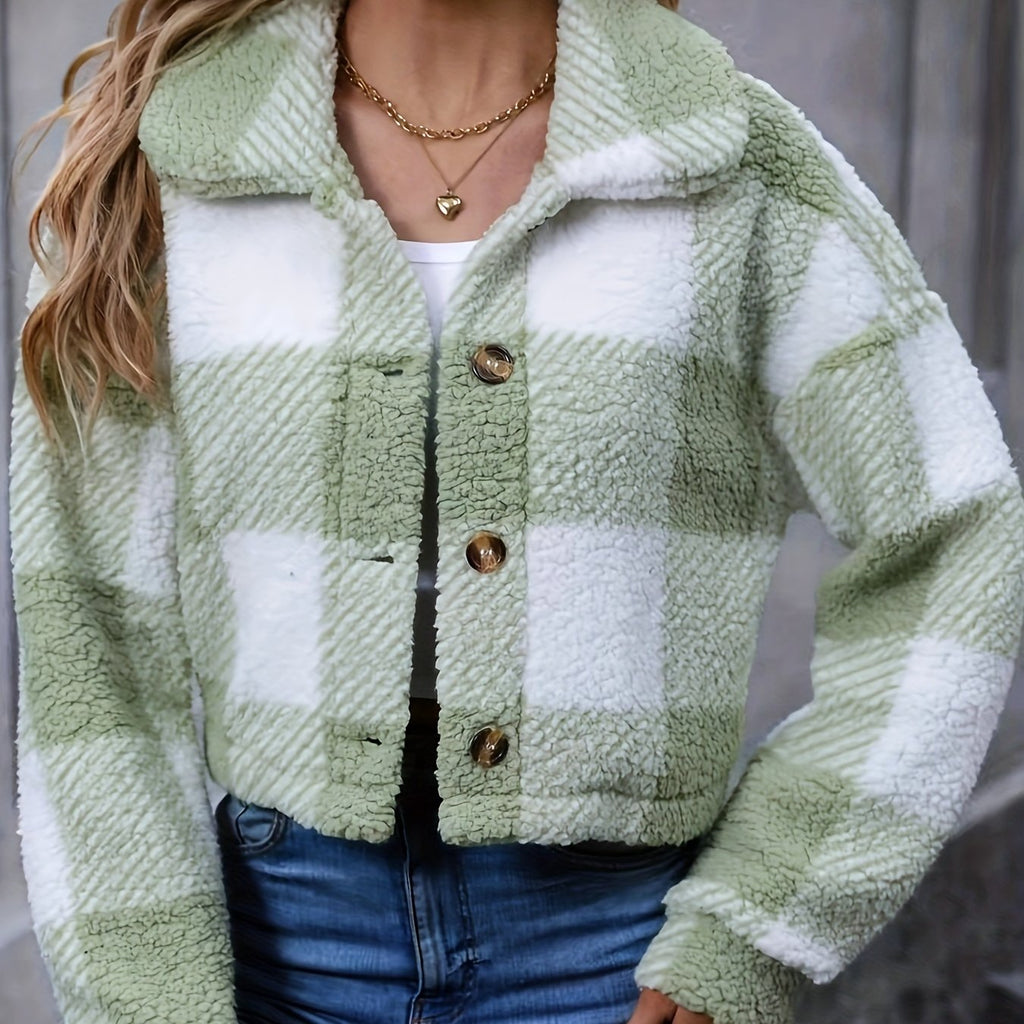 Women's Cropped Plaid Button-Front Jacket - Light Green