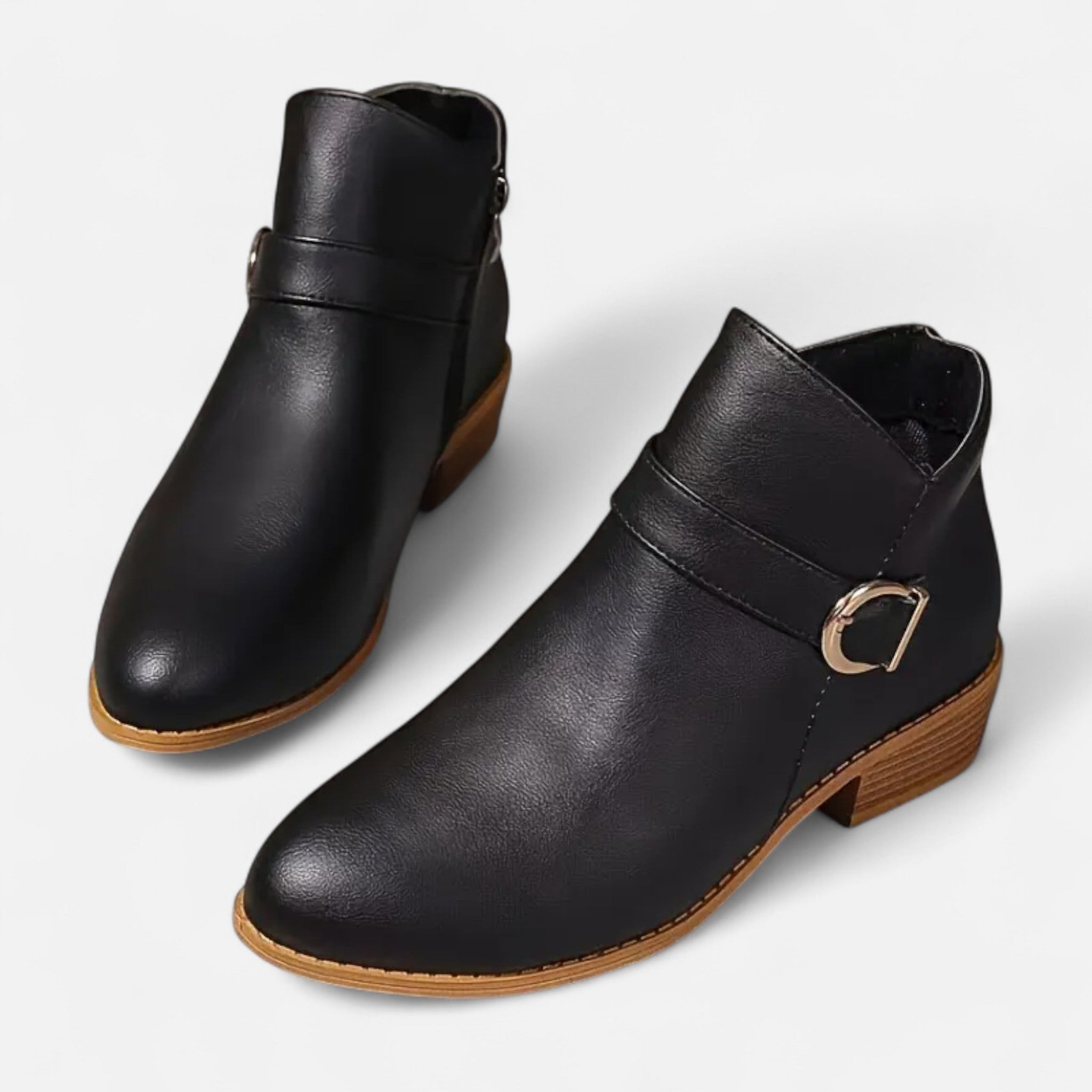 Women's Pointed-Toe Ankle Boots with Buckle Detail - Black