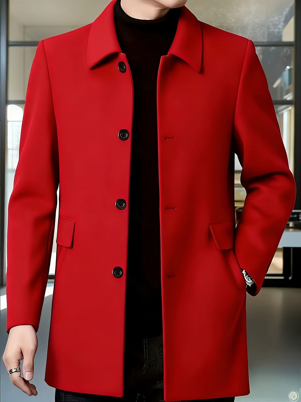 Men's Refined Single-Breasted Overcoat with Side Pockets