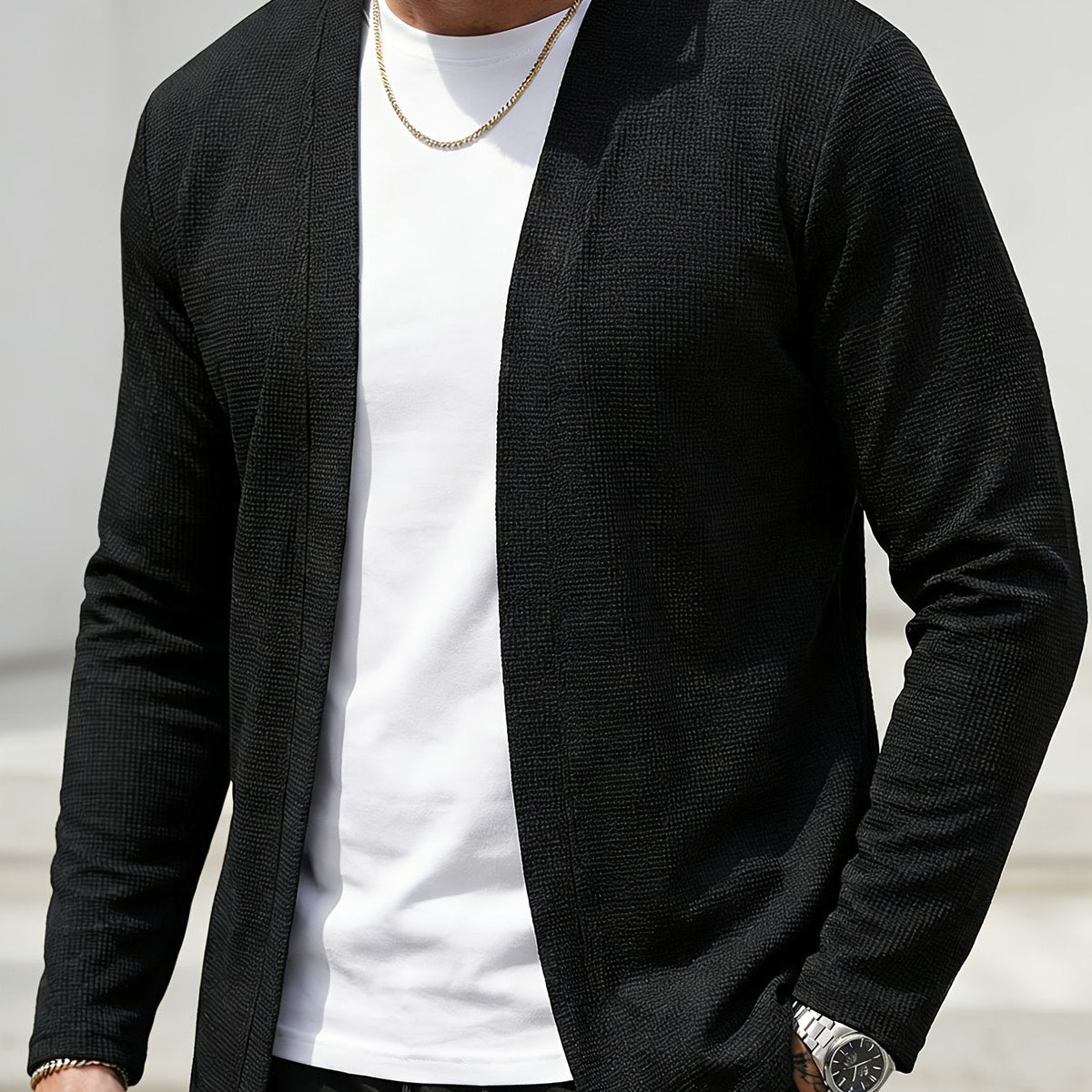 Men's Open-Front Textured Cardigan - Black