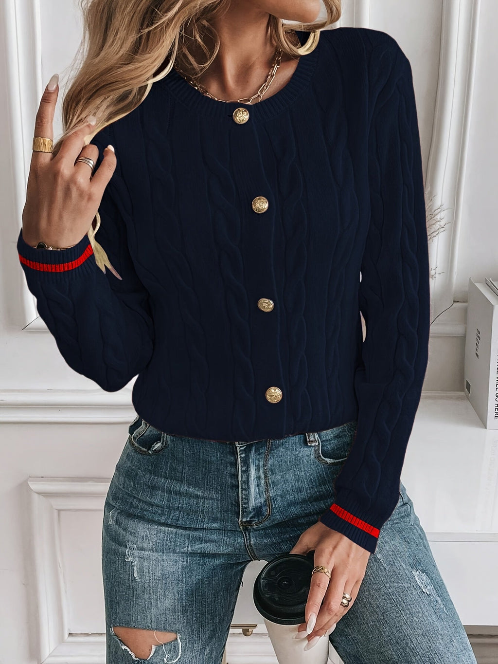 Women's Cable-Knit Cardigan with Gold-Tone Buttons