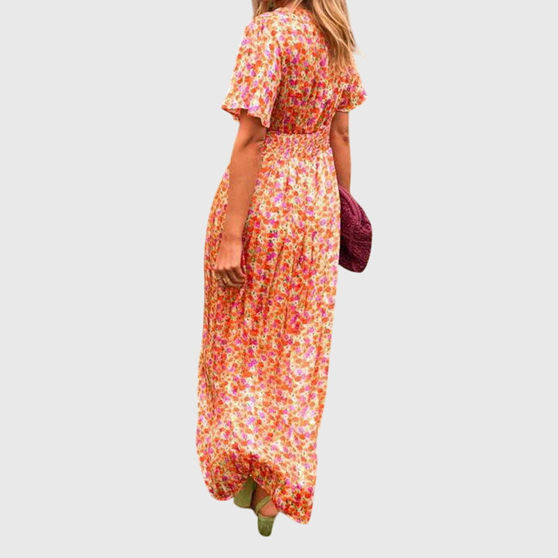 Women's Printed Wrap-Style Maxi Dress Short Sleeve Outfit for Summer Events