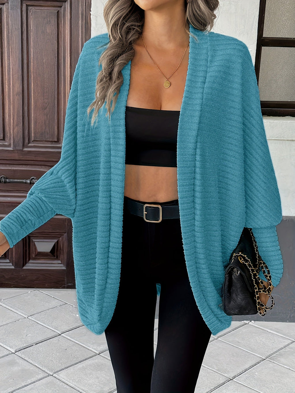 Women's Draped Open-Front Ribbed Cardigan