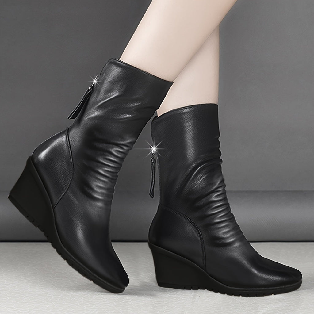 Women's Sleek Wedge-Heel Mid-Calf Boots - Black
