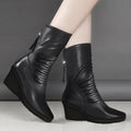 Women's Sleek Wedge-Heel Mid-Calf Boots - Black