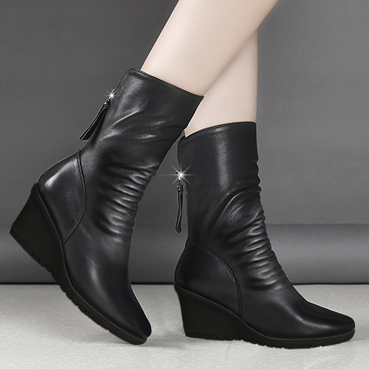 Women's Sleek Wedge-Heel Mid-Calf Boots - Black