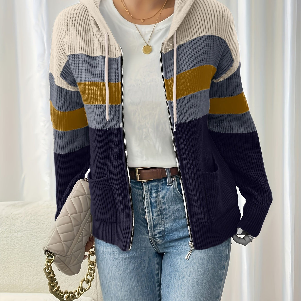 Women's Ribbed Color-Block Hooded Zip Cardigan - Apricot
