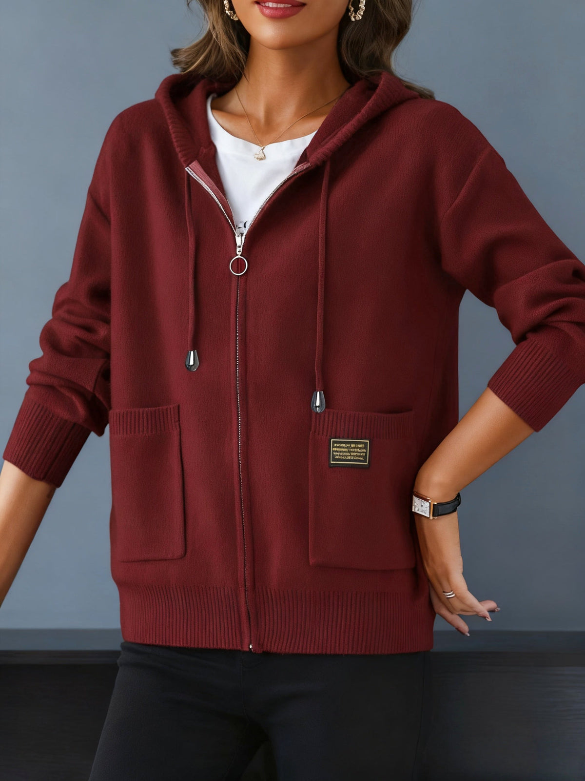 Women's Zip-Up Hooded Cardigan with Pockets