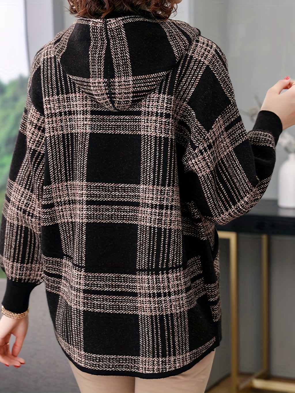 Women's Loose Fit Check Pattern Hooded Zip Jacket