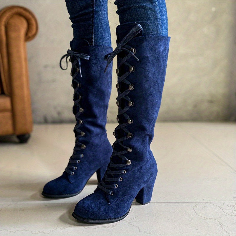 Women's Lace-Up Front Chunky Heel Tall Boots - Blue