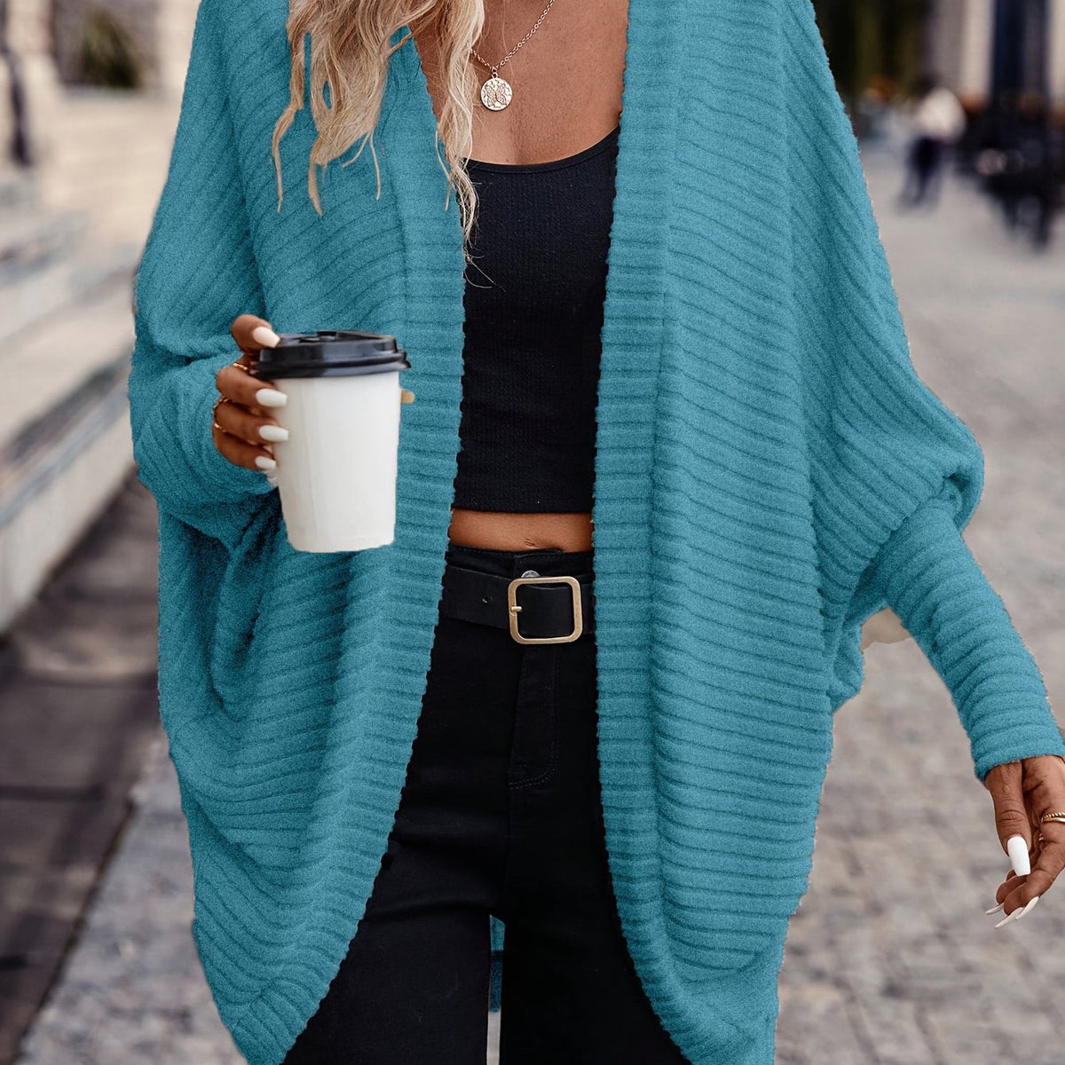 Women's Draped Open-Front Ribbed Cardigan - Peacock Blue