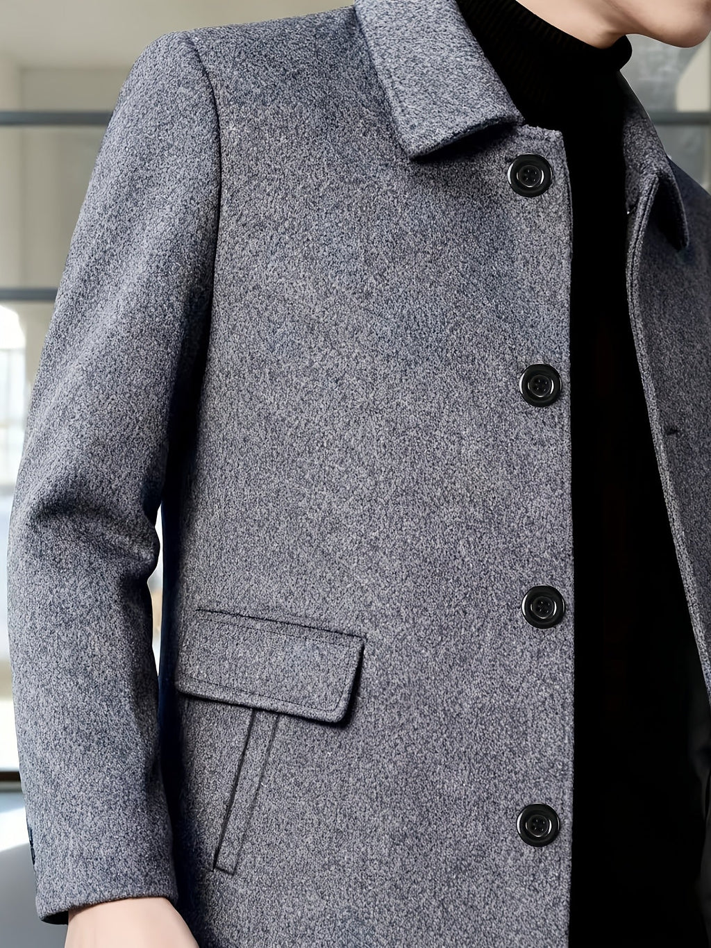Men's Refined Single-Breasted Overcoat with Side Pockets - Black