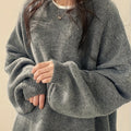 Women's Thick Knit Relaxed Round Neck Drop-Shoulder Pullover - Dark Gray