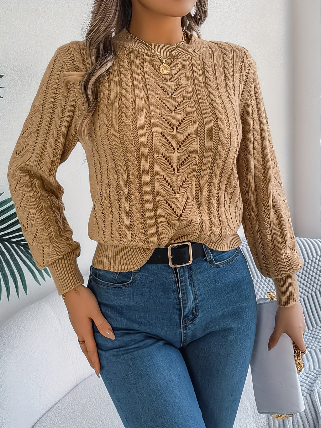 Women's Cable-Knit Openwork Round-Neck Sweater