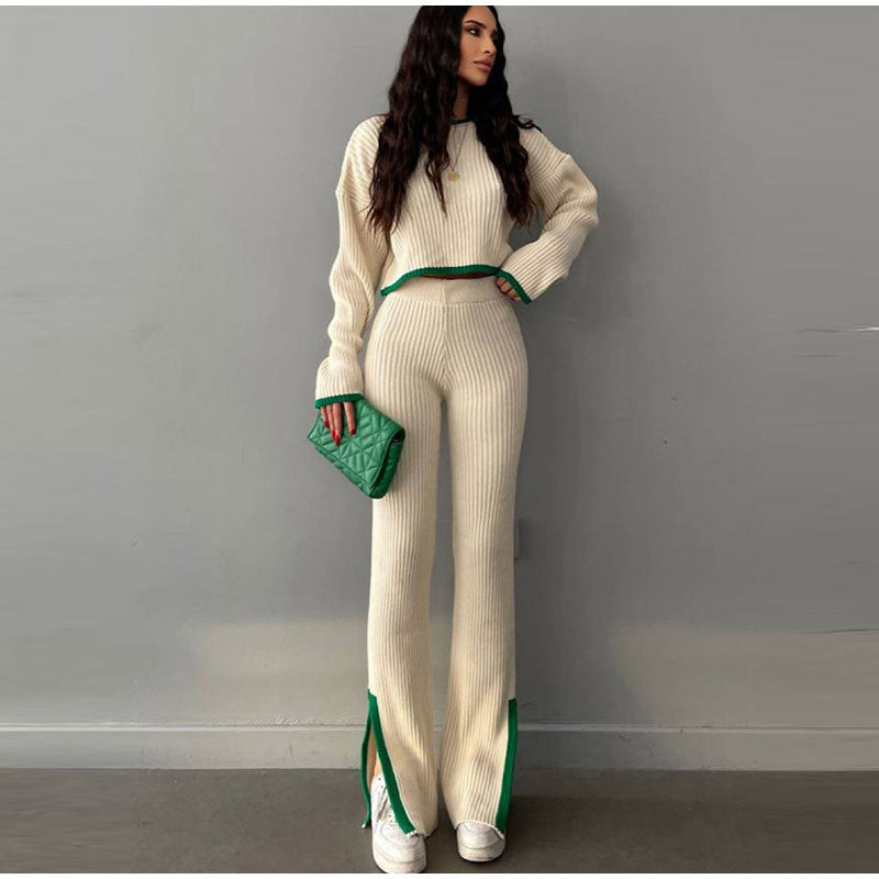 Women's Ribbed Cropped Knit Top and Straight-Leg Pants Set - Cream