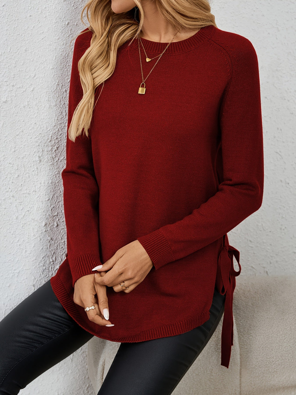 Women's Relaxed Longline Round Neck Sweater with Side Slits