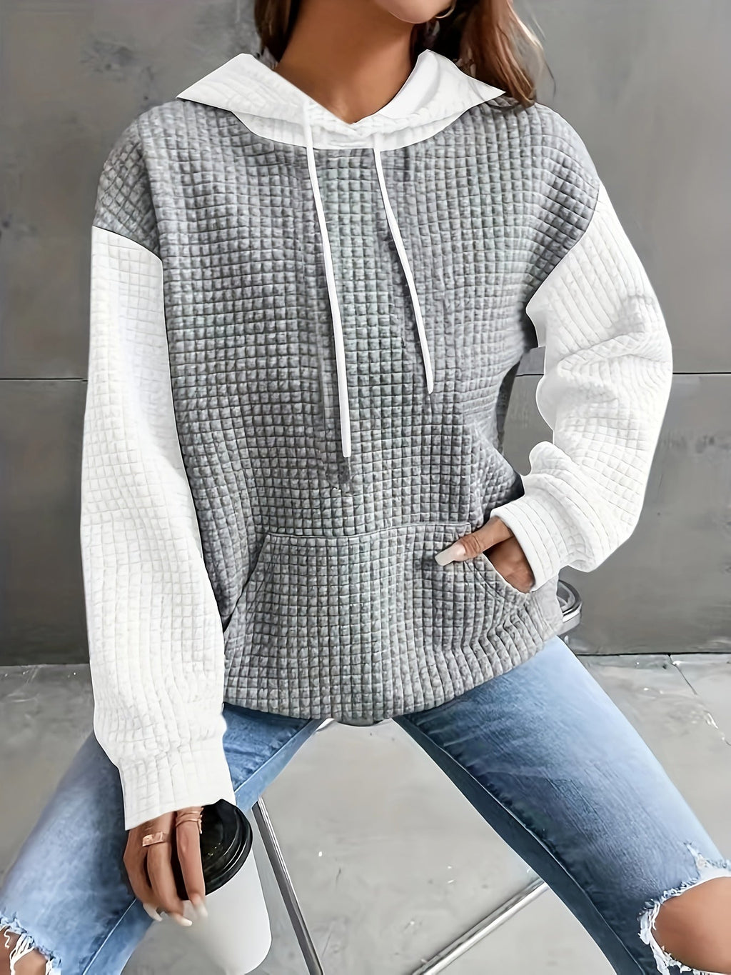 Women's Waffle Texture Two-Tone Hoodie