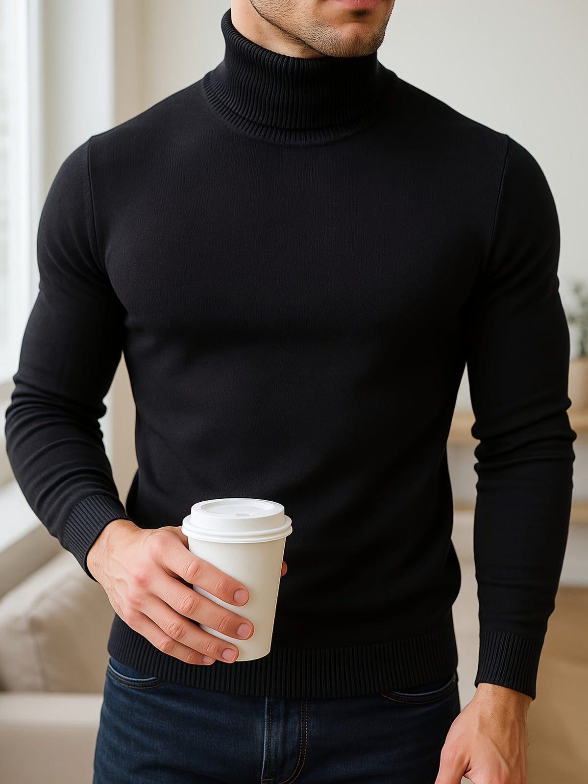 Men's Ribbed Roll-Neck Sweater - Blue