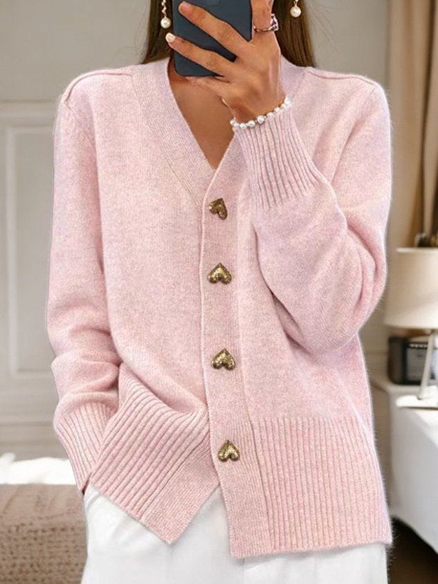 Women's Heart-Button V-Neck Cardigan