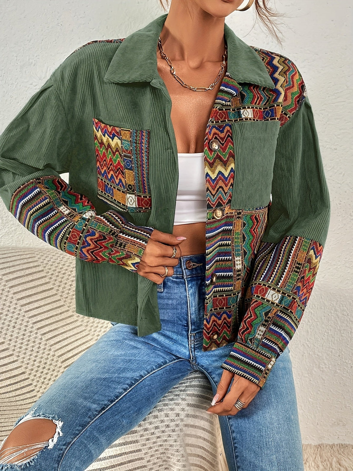 Women's Relaxed Fit Patchwork Button-Front Jacket