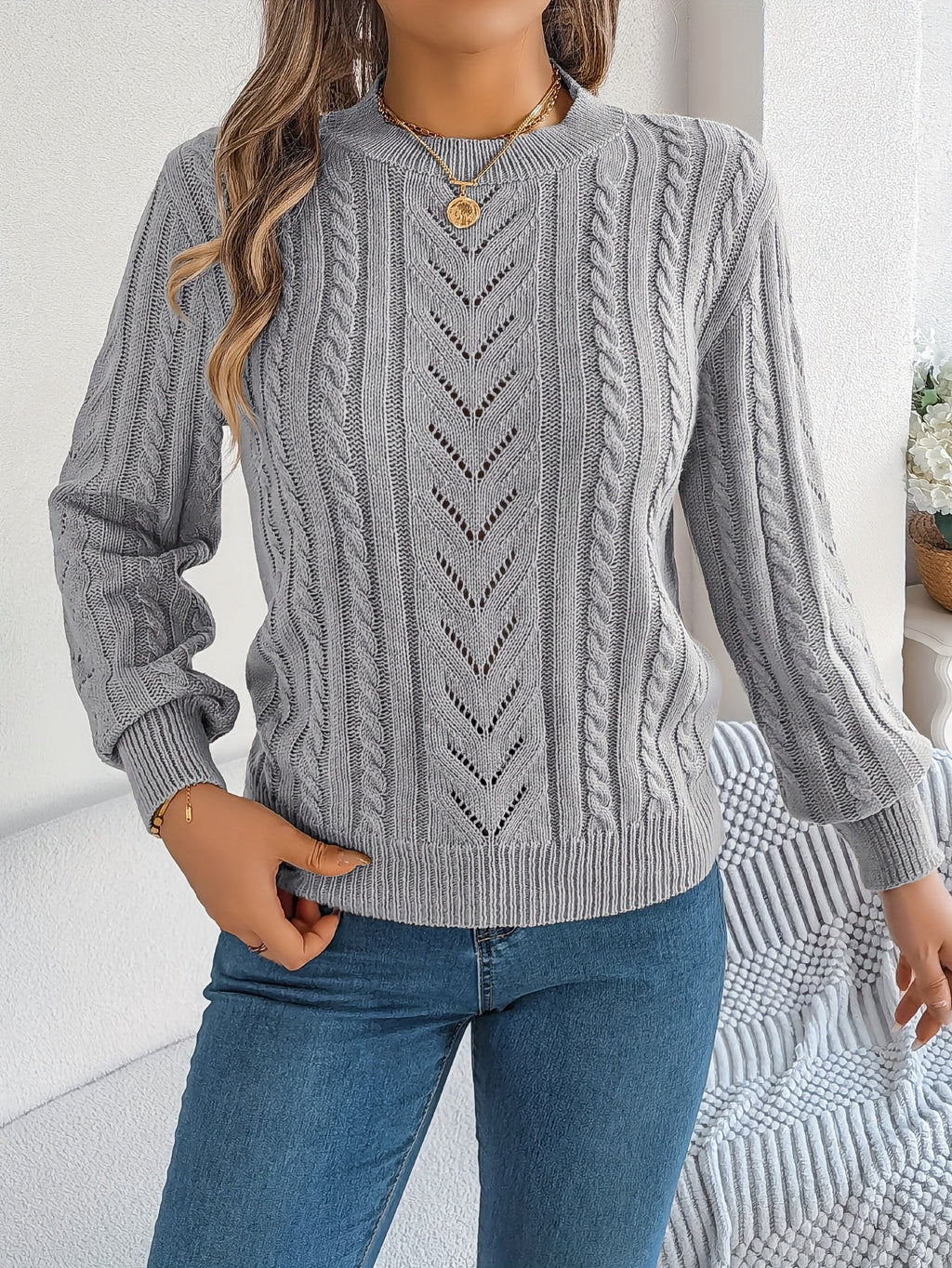 Women's Cable-Knit Openwork Round-Neck Sweater
