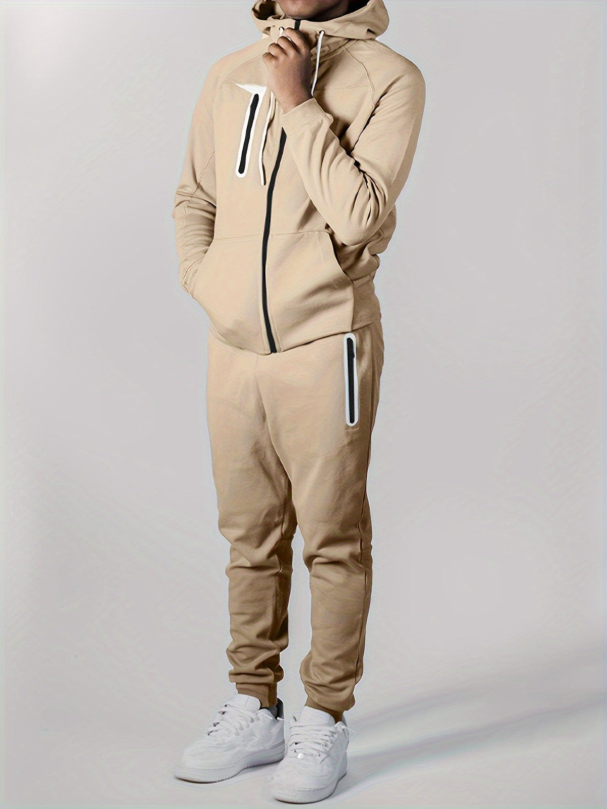 Men's Loose Fit Hooded Tracksuit Two-Piece Set - Beige