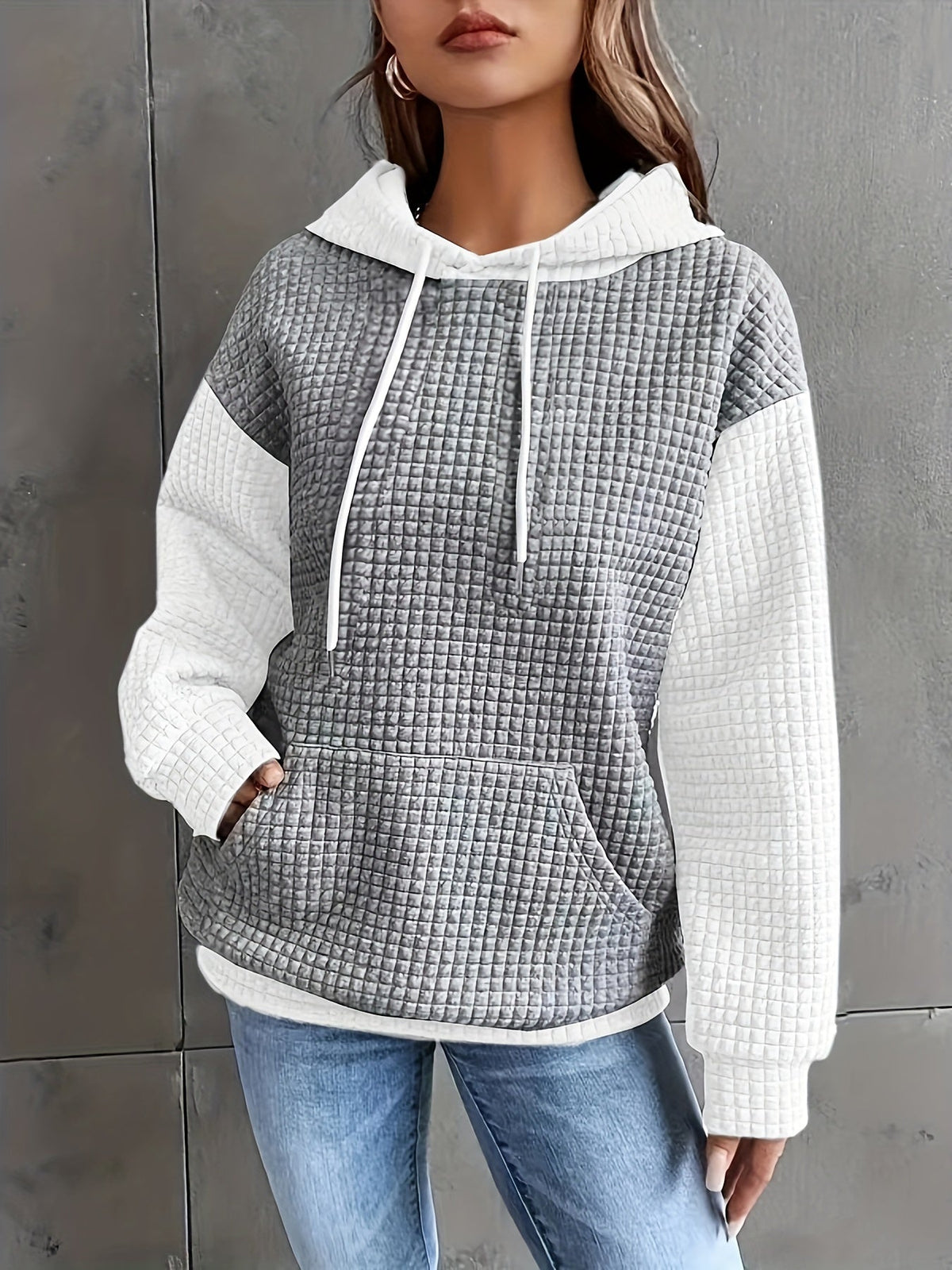 Women's Waffle Texture Two-Tone Hoodie