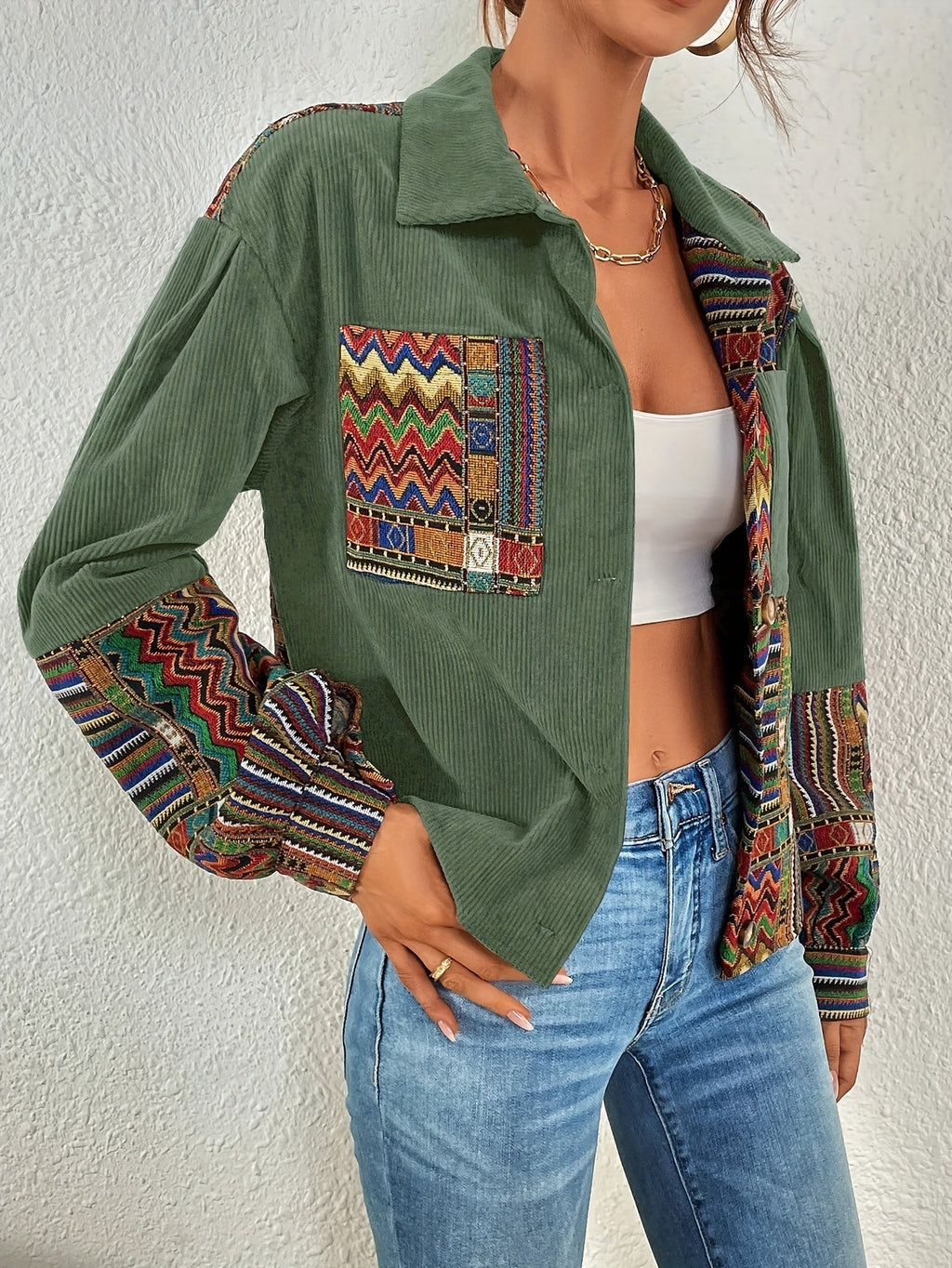 Women's Relaxed Fit Patchwork Button-Front Jacket