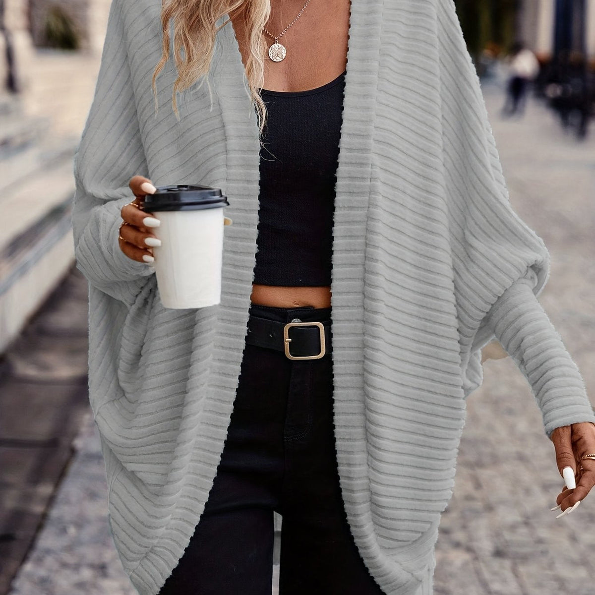 Women's Draped Open-Front Ribbed Cardigan - Light Gray
