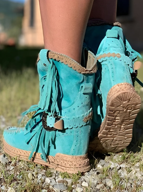 Women's Fringe Ankle Boots with Woven Detail