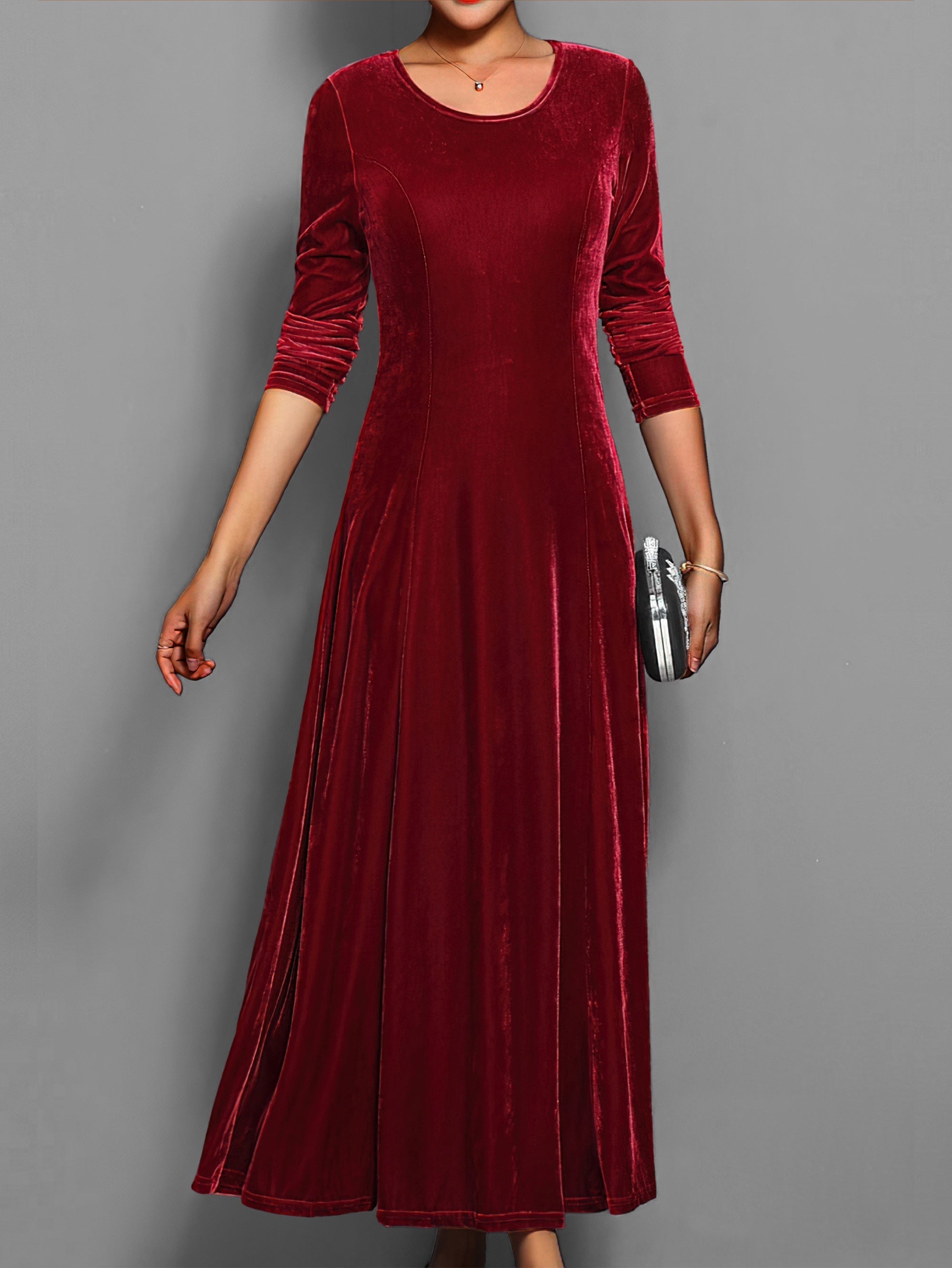 Women's Velvet Maxi Dress Long-Sleeve Fit-and-Flare Gown for Formal Events
