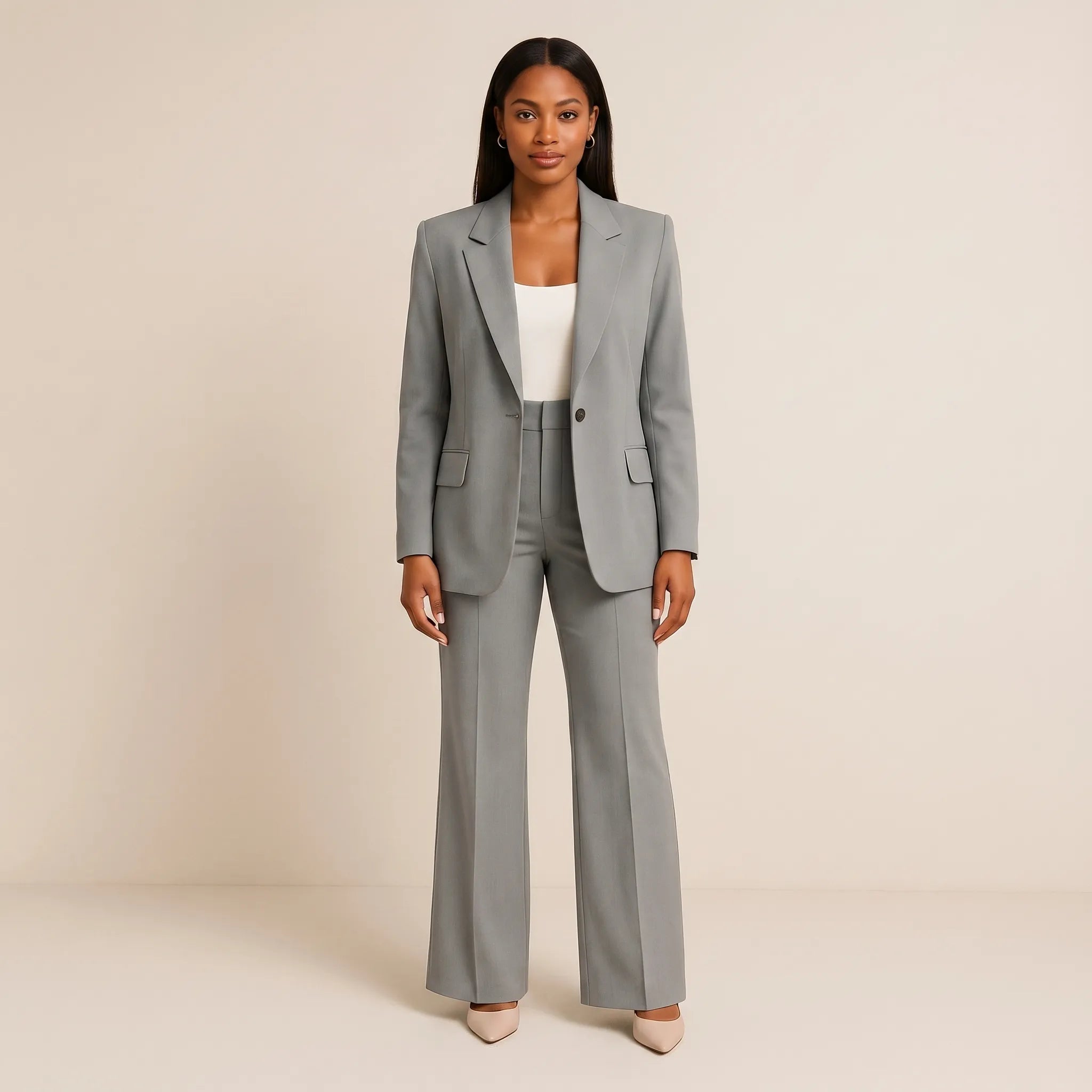 Women's One Button Blazer and Flare Pants 2 Piece Suit Set
